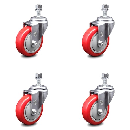 Service Caster 4 Inch Red Polyurethane Wheel Swivel 1/2 Inch Threaded Stem Caster Set SCC SCC-TS20S414-PPUB-RED-121315-4